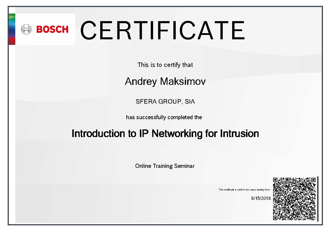 Bosch certificate IP Networking for Intrusion