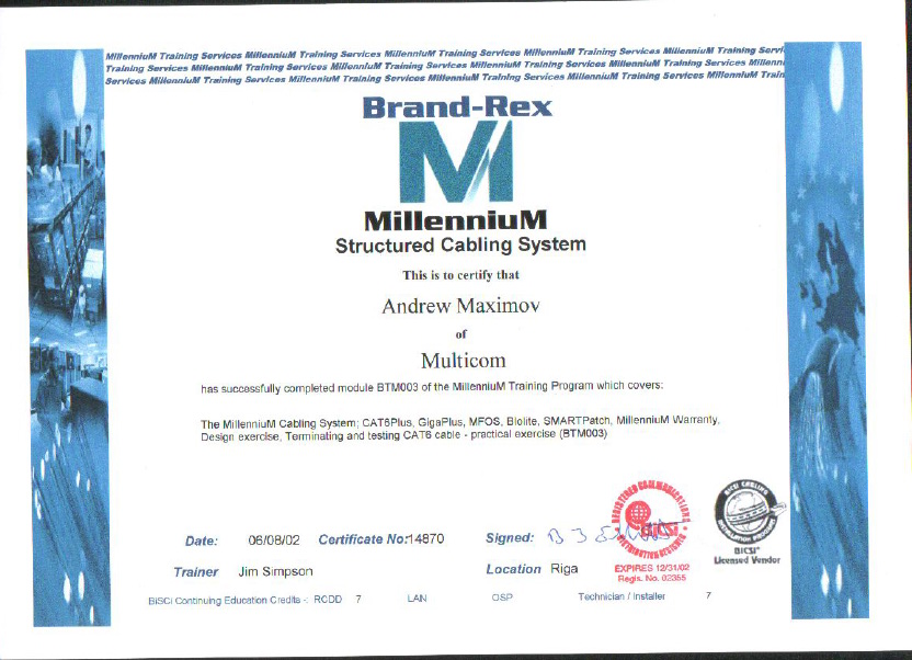 Brand-Rex certificate